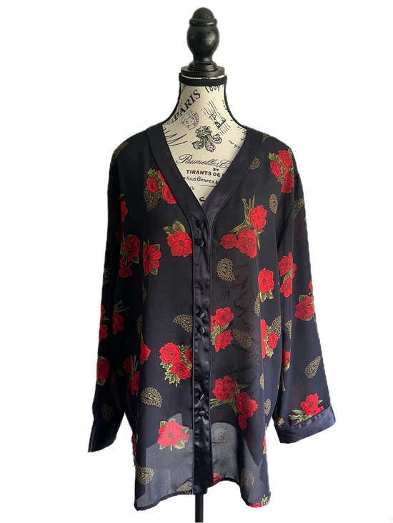 La Vie En Rose Tops - Vintage 90s La Vie En Rose Sheer Navy Blue Floral Rose Paisley Blouse